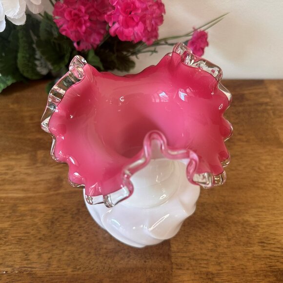 Fenton Silver Crest Pink Ruffled Vase Vintage Art Glass White Milk Glass Crimped - Picture 5 of 7